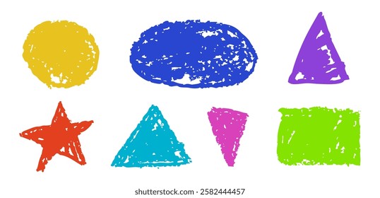 Set of abstract geometric basic shapes drawn with colored charcoal. Hand drawn paint quote frame collection. Empty colorful speech bubble set. Scribble square shape text boxes. Vector illustration.