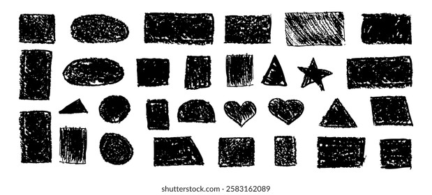 Set of abstract geometric basic shapes drawn with pastel black color or charcoal. Hand drawn paint quote frame collection. Empty monochrome speech bubble set. Scribble square shape text boxes. Vector