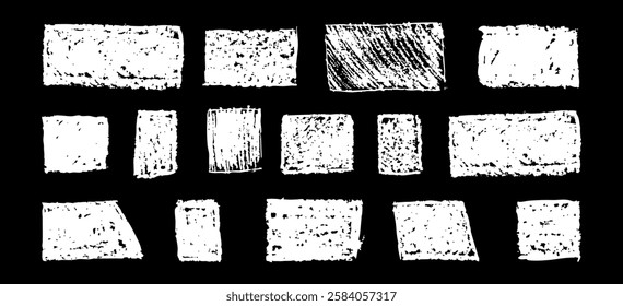 Set of abstract geometric basic shapes drawn with pastel white color or charcoal. Hand drawn paint quote frame collection. Empty monochrome speech bubble set. Scribble square shape text boxes. Vector.