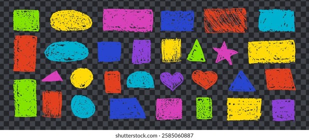 Set of abstract geometric basic shapes drawn with colored charcoal. Hand drawn paint quote frame collection. Empty colorful speech bubble set. Scribble square shape text boxes. Vector illustration.