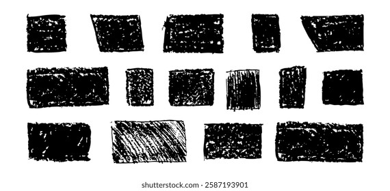 Set of abstract geometric basic shapes drawn with pastel black color or charcoal. Hand drawn paint quote frame collection. Empty monochrome speech bubble set. Scribble square shape text boxes. Vector