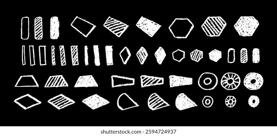 Set of abstract geometric basic shapes drawn with pastel white color or charcoal. Hand drawn paint rhombus, pentagon, hexagon figure collection. Vector geometric signs for school or kindergarten.