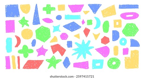 Set of abstract geometric basic shapes drawn with colorful pastel or charcoal. Hand drawn paint quote frame collection. Empty vibrant color speech bubbles. Scribble square shape text boxes. Vector.