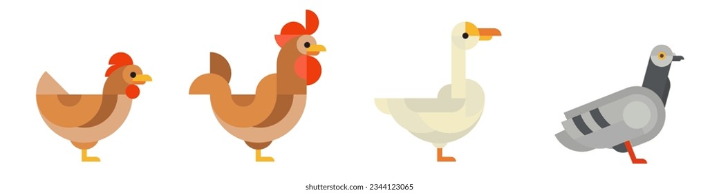 Pájaros geométricos abstractos en un estilo artístico mínimo moderno. Pollo, gallo, ganso, paloma. Diseño de concepto brillante de dibujos animados. Composición decorativa de bauhaus. Ilustración plana vectorial creativa.