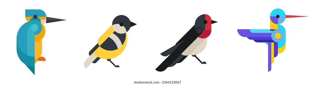 Setzen Sie abstrakte geometrische Vögel in der modernen Mode minimalen Kunststil. Kingfisher, Kolibris, Titlimaus, Schwalbe. Cartoon Concept Design. Dekorative Bauhaus-Komposition. Kreative Vektorgrafik, flach.