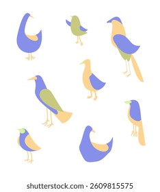 Set abstract geometric birds in modern fashion minimal art style on a white background. Duck, sparrow. Cartoon bright concept design. Decorative bauhaus composition. Creative vector flat illustration.