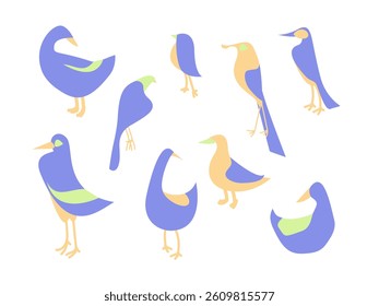 Set abstract geometric birds in modern fashion minimal art style on a white background. Duck, sparrow. Cartoon bright concept design. Decorative bauhaus composition. Creative vector flat illustration.