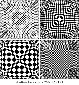 Conjunto de patrones geométricos Abstractas en blanco y negro con efecto de ilusión 3D. Fondos texturizados convexos. Arte vectorial.