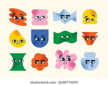 Set of abstract geometric characters expressive facial expressions. Concept emotions  happiness, sadness, confusion, and smugness. Flat vector cartoon style illustration isolated emotion icons