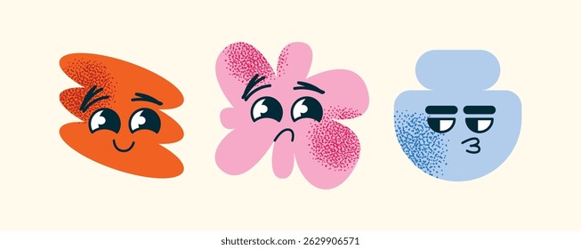 Set of abstract geometric characters expressive facial expressions. Concept emotions  happiness, sadness, confusion, and smugness. Flat vector cartoon style illustration isolated emotion icons