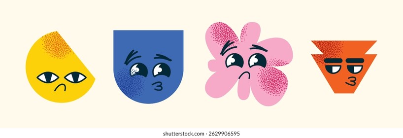 Set of abstract geometric characters expressive facial expressions. Concept emotions  happiness, sadness, confusion, and smugness. Flat vector cartoon style illustration isolated emotion icons