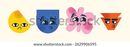Set of abstract geometric characters expressive facial expressions. Concept emotions  happiness, sadness, confusion, and smugness. Flat vector cartoon style illustration isolated emotion icons