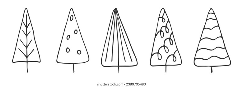Conjunto de árboles de Navidad geométricos abstractos. El fir de picor de pino dibujado a mano aislado en blanco. Símbolo negro de las vacaciones de invierno. Elemento de diseño