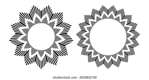Conjunto de elementos de diseño de círculo geométrico abstracto con líneas rayadas de patrones de zag zig. Arte vectorial.