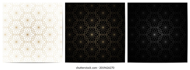  Set of abstract geometric circle simple lines floral pattern. Luxury of black,white,and gold background.Design for decorative,wallpaper; clothing; wrapping.Vector illustration.Eps10