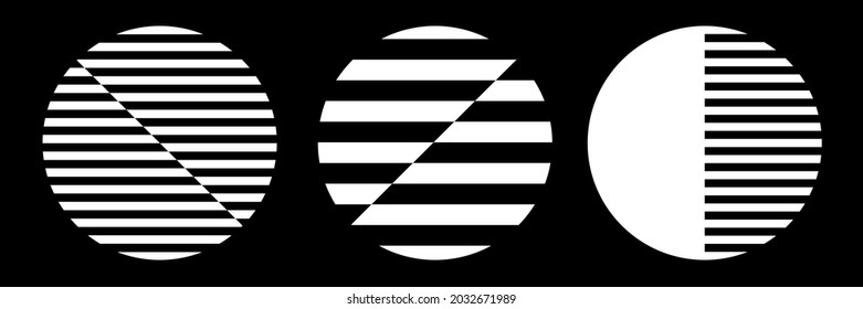 Set of abstract geometric circle striped white design elements on black background. Vector art.