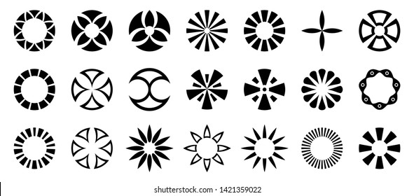 Set of abstract geometric circular shapes. Collection of symbols for your design. Isolated on white background. Design elements. Vector monochrome illustration.