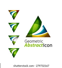Conjunto de triángulo del logotipo de la compañía geométrica abstracta, flecha. Ilustración vectorial del concepto de forma universal hecho de varios elementos superpuestos de ondas