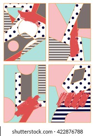 Set of abstract geometric composition in black, white, blue and pink. Vintage dots pattern and geometric elements. Modern and stylish abstract design poster, cover, card design.