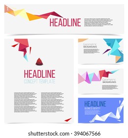 Set abstract geometric composition of triangles, origami, template design, brochure, Web sites, page, leaflet, with colorful geometric triangular backgrounds, logo,symbols, text separately.