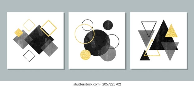 Set of abstract geometric compositions with squares, circles, rhombs. Trendy minimal poster. Wall art design