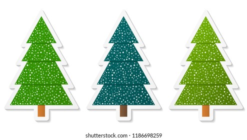 Set of abstract geometric coniferous trees stickers with snow. Three shades of green. Vector EPS 10