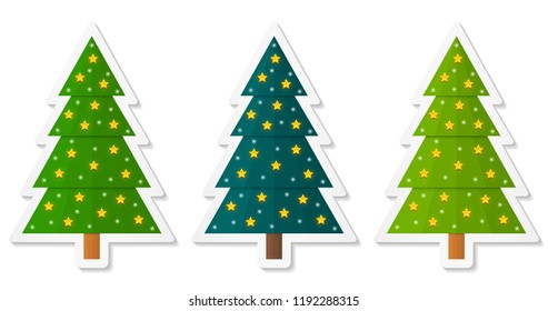 Set of abstract geometric coniferous trees stickers decorated with stars. Three shades of green. Vector EPS 10