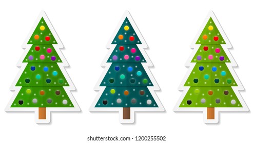 Set of abstract geometric coniferous trees stickers decorated with colorful baubles. Three shades of green. Vector EPS 10