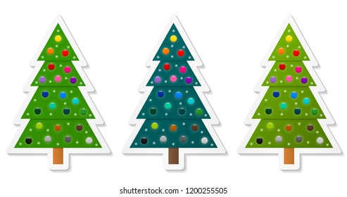 Set of abstract geometric coniferous trees stickers decorated with colorful baubles. Three shades of green. Vector EPS 10