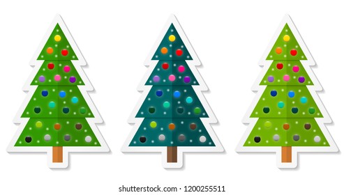 Set of abstract geometric coniferous trees stickers decorated with colorful baubles. Three shades of green. Vector EPS 10
