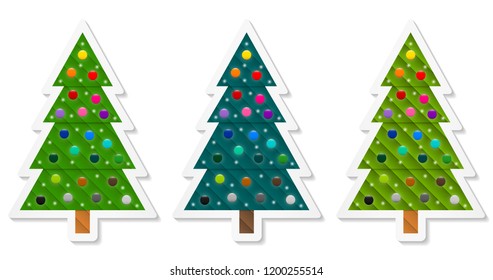 Set of abstract geometric coniferous trees stickers decorated with colorful baubles. Three shades of green. Vector EPS 10