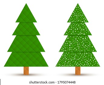 Conjunto de árboles de coníferas geométricas abstractas con y sin nieve aislada en un fondo blanco. archivo vectorial EPS10