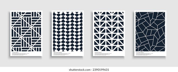 Set of abstract geometric covers, templates, placards, brochures, banners, backgrounds and etc. Creative textured modern posters, cards, catalogs. Beautiful dark blue graphic prints on white.
