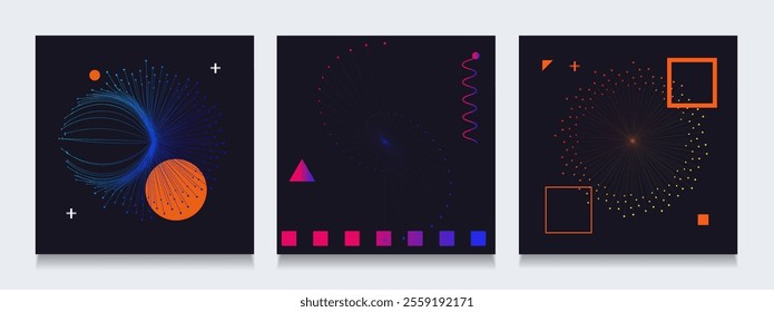 Set Abstract Geometric Curve. Trendy 3D Technology in 80s-90s Style for Promos, Banners, Posters, Social Media, Cards, and Covers. Background Chaotic Graphic Line. Cyber, Hi-tech