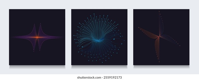 Set Abstract Geometric Curve. Trendy 3D Technology in 80s-90s Style for Promos, Banners, Posters, Social Media, Cards, and Covers. Background Chaotic Graphic Line. Cyber, Hi-tech