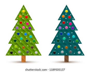 Set of abstract geometric decorated coniferous trees with colorful baubles. Two shades of green. Vector EPS 10