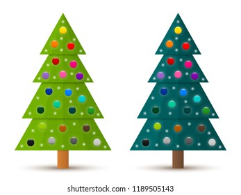 Set of abstract geometric decorated coniferous trees with colorful baubles. Two shades of green. Vector EPS 10