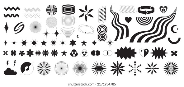 A set of abstract geometric decorative elements in Y2K style. Trendy minimalistic retro shapes, stars, bling, glitter, silhouettes, brutalism forms, waves. Modern graphic design elements. Vector