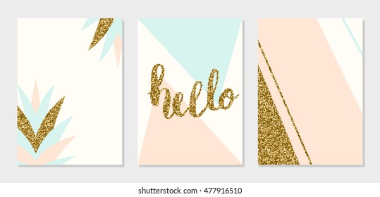 A set of abstract geometric design cards in light blue, cream, gold glitter and pastel pink. Modern and stylish  composition poster, cover, card design.