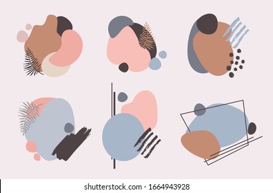 Set of abstract geometric design with pink, brown, blue modern shapes, palm leaves and lines. Templates for social media banner and poster