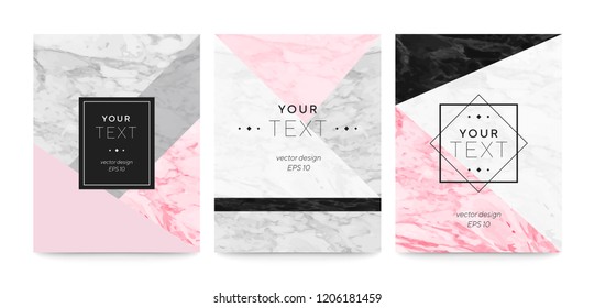 Set abstract geometric designs posters cream, light grey, pastel pink and marble texture background. Vector trendy geometric posters. Template for invitation card or poster design