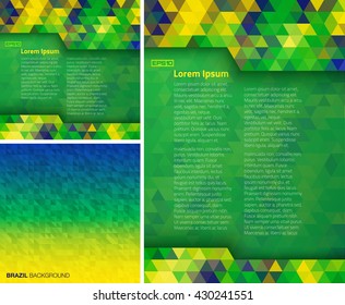 Set of Abstract geometric digital background using Brazil flag colors 2016, A4 size, square format. Vector illustration.