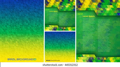 Set of Abstract geometric digital background using Brazil flag colors 2016, A4 size, square format. Vector illustration.
