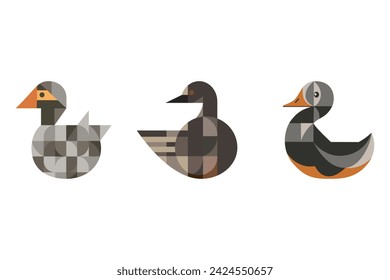 A set of abstract geometric ducks in a modern minimalist style. Muted gray palette. Decorative composition in bauhaus style. Creative vector flat illustration.