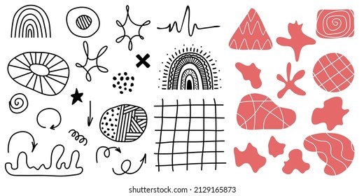 Set of abstract geometric elements isolated on white.  Silhouettes and contours. Vector illustration. Hand drawn doodle clipart. For cards, banner, poster, collage, business cards. Simple shapes.