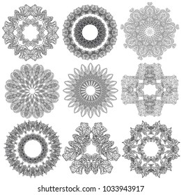 Set of abstract geometric  elements and shapes on white background. Sacred geometry, esoteric symbols. Use for banknote, currency, logos voucher or money design.