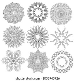 Set of abstract geometric  elements and shapes on white background. Sacred geometry, esoteric symbols. Use for banknote, currency, logos voucher or money design.