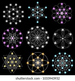 Set of abstract geometric  elements and shapes on black background. Sacred geometry, esoteric symbols. Use for banknote, currency, logos voucher or money design.