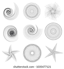 Set of abstract geometric  elements and shapes on white background. Sacred geometry, esoteric symbols. Use for banknote, currency, logos voucher or money design.