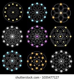 Set of abstract geometric  elements and shapes on black background. Sacred geometry, esoteric symbols. Use for banknote, currency, logos voucher or money design.